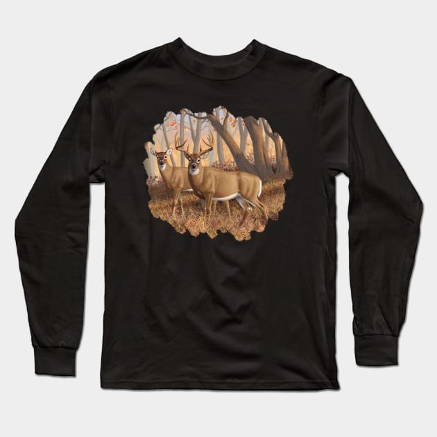 Whitetail Deer Buck and Doe in Autumn Woods Long Sleeve T-Shirt by csforest